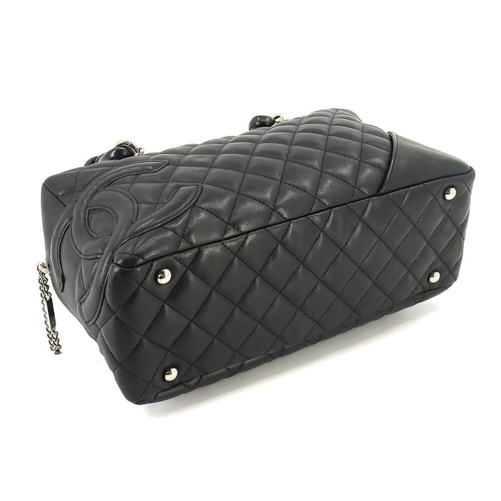 Authentic Chanel Cambon Ligne Bowler Pochette Quilted Shoulder Bag Black Tote