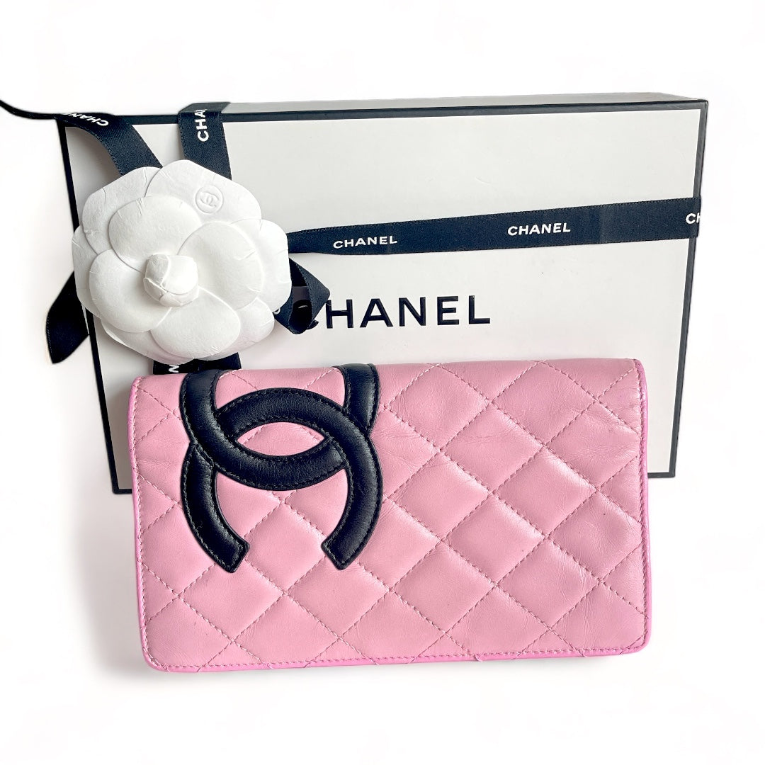 Authentic Chanel Cambon Line Long Wallet Purse Pink Quilted Leather