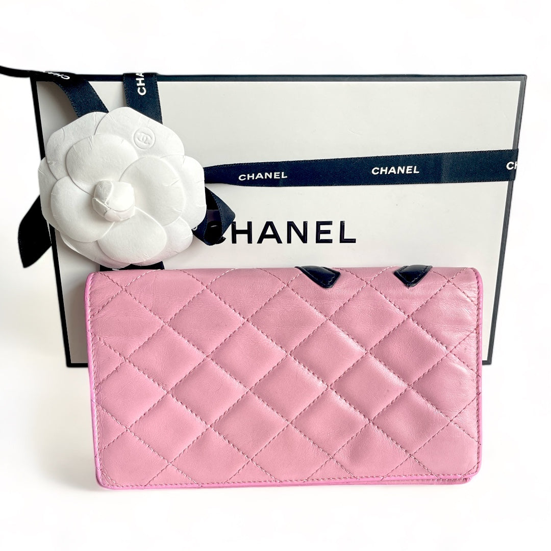 Authentic Chanel Cambon Line Long Wallet Purse Pink Quilted Leather