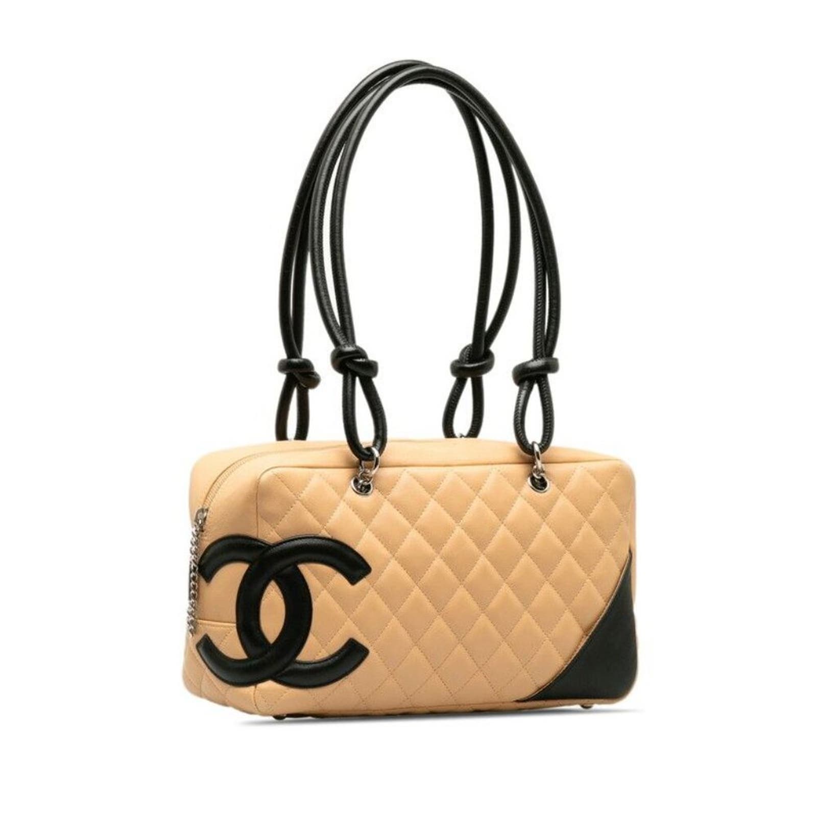 Authentic Chanel Cambon Ligne Bowler Pochette Quilted Shoulder Bag Beige Brown