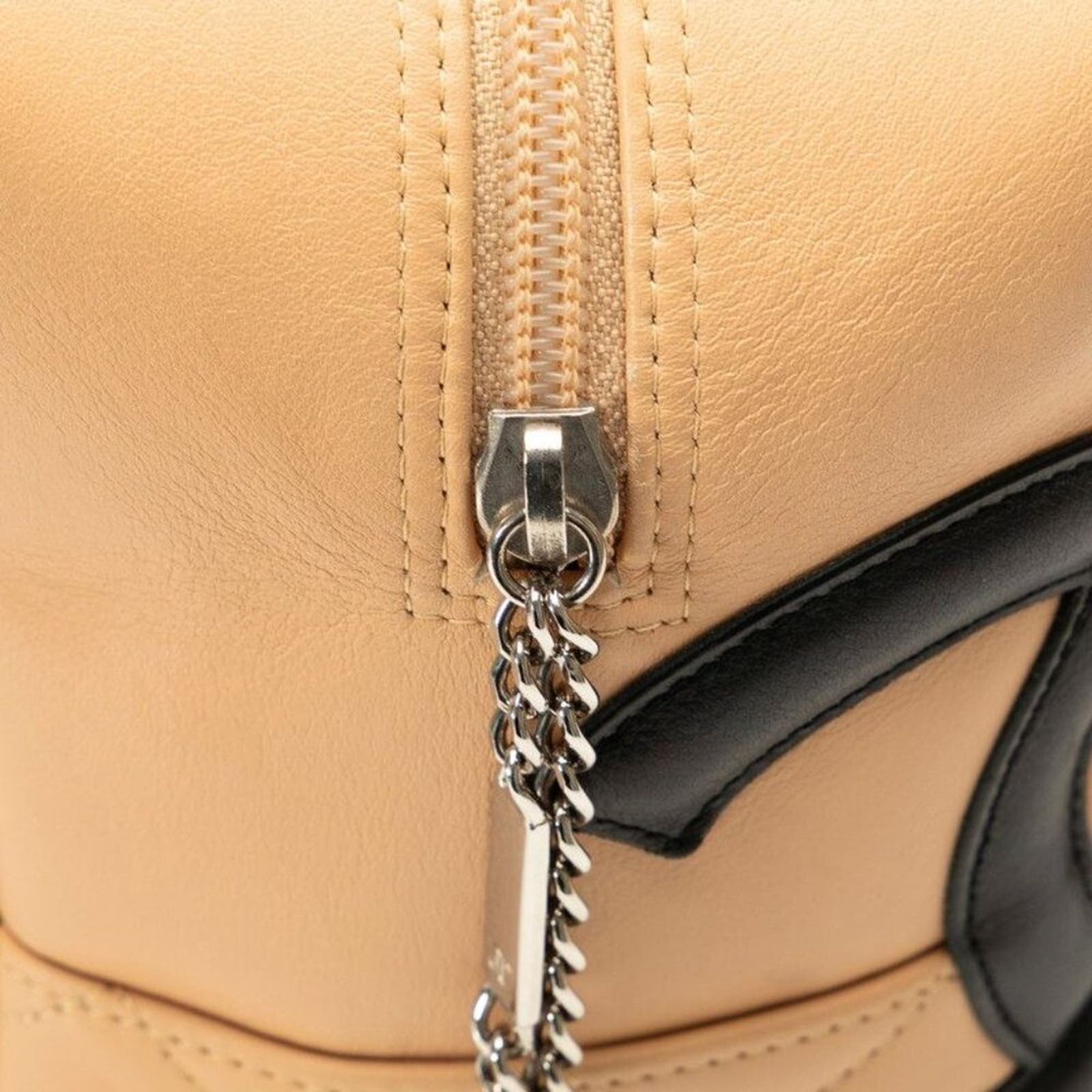 Authentic Chanel Cambon Ligne Bowler Pochette Quilted Shoulder Bag Beige Brown